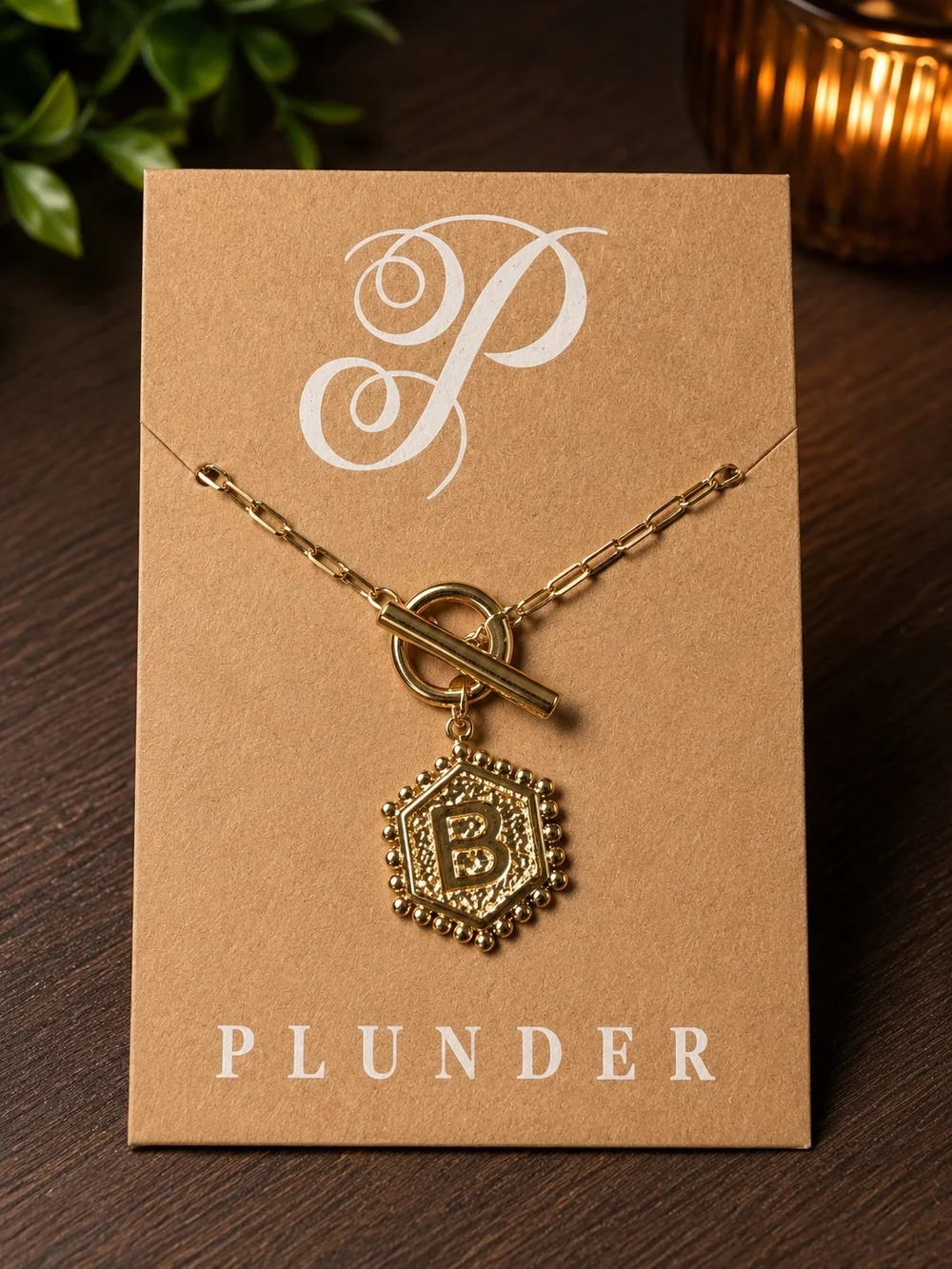 Gold Tone Pendant Chain Necklace with 'B' Medallion - Picture 4 of 4